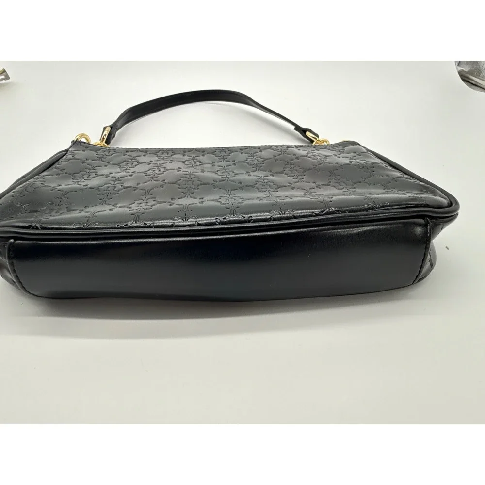 Nanette Lepore Black Embossed Logo Shoulder Bag Gold Chain Baguette Purse